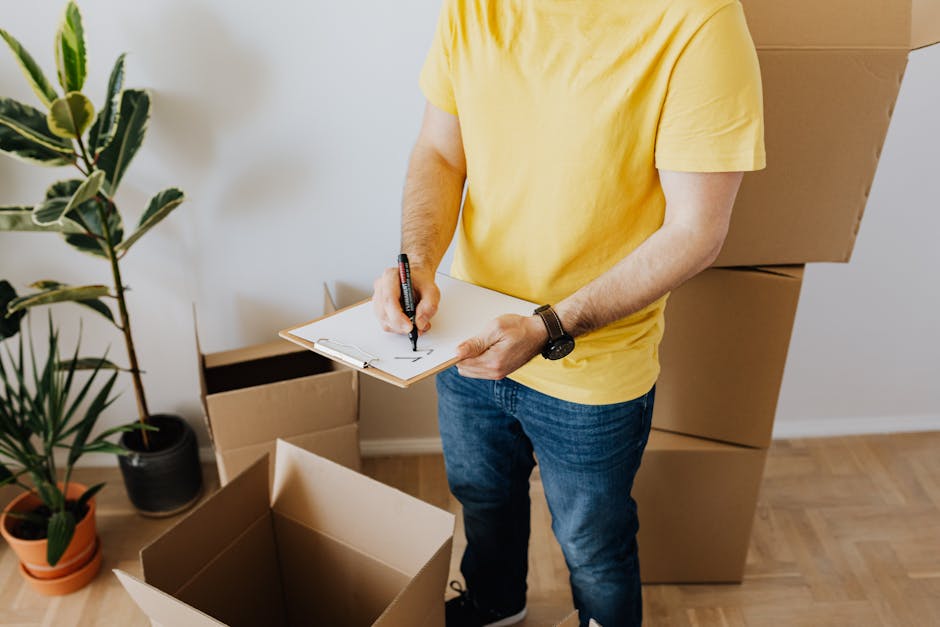 A young woman in casual clothing, wearing a green t-shirt and ripped blue jeans, standing in a well-lit indoor space next to several stacked cardboard boxes, with one box open. She is holding a pen and a clipboard, appearing to be taking notes during a home relocation or packing process. To her left, there is a potted plant with large green leaves placed on the floor. The background features a plain white wall, and the floor is made of light-colored wood. The scene depicts the packing stage of a house move, with boxes prepared for transport, aligning with services offered by Man with Van Brockley for furniture transport and move organization.