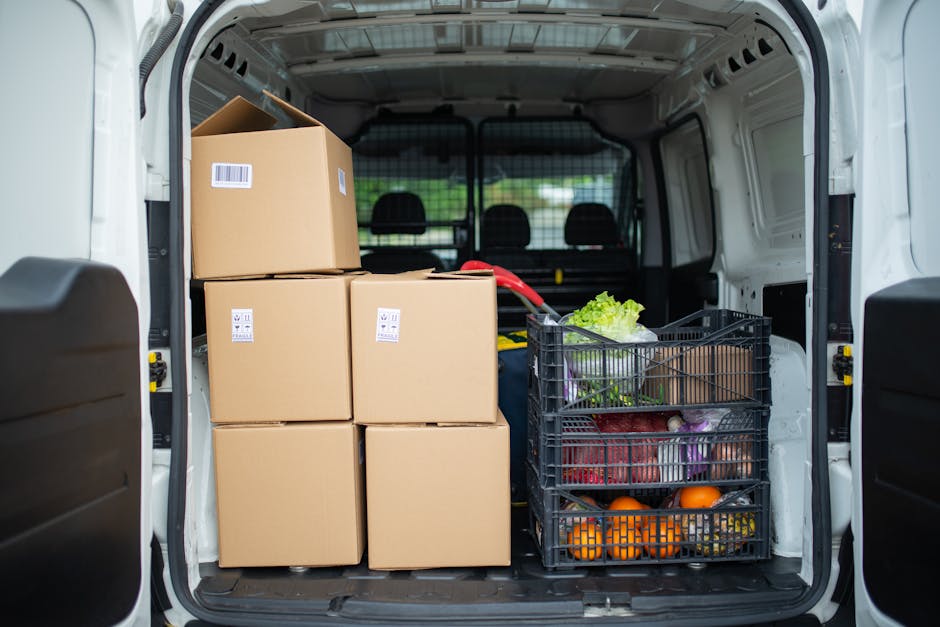 The open rear of a white delivery van shows a loading area filled with several packed cardboard boxes stacked upright and secured for home relocation, alongside a black plastic crate containing fresh vegetables such as lettuce, oranges, and purple cabbages, indicating packing and grocery transport during a house move. The van's interior features a black cargo area, and the background reveals a roadside environment with a blurred view of green outdoor scenery. This scene depicts the loading process typical of removals services, with Man with Van Brockley carefully arranging boxes and produce, supporting efficient furniture transport and moving logistics for a residence in Brockley, as referenced in the site page about navigating market deliveries during a move.